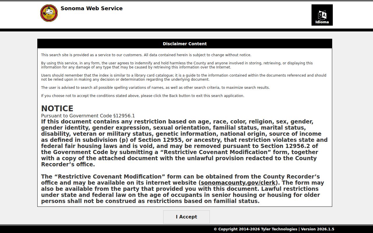 Sonoma County people search recorder index entry