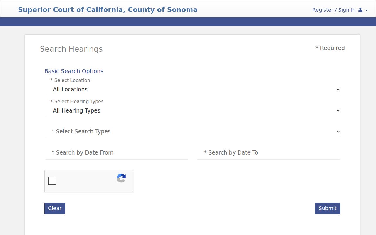Sonoma County directory search screenshot of the court hearing tool