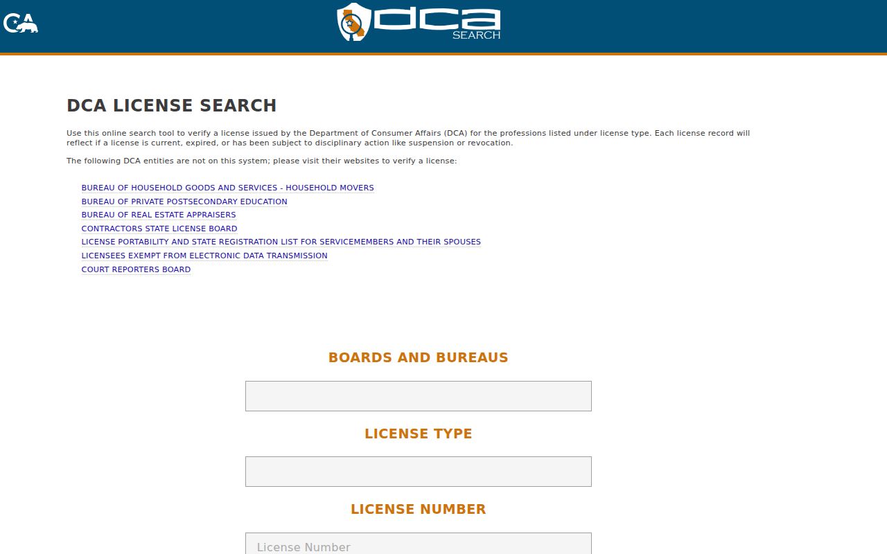 Sonoma County professional directory screenshot of California DCA License Search