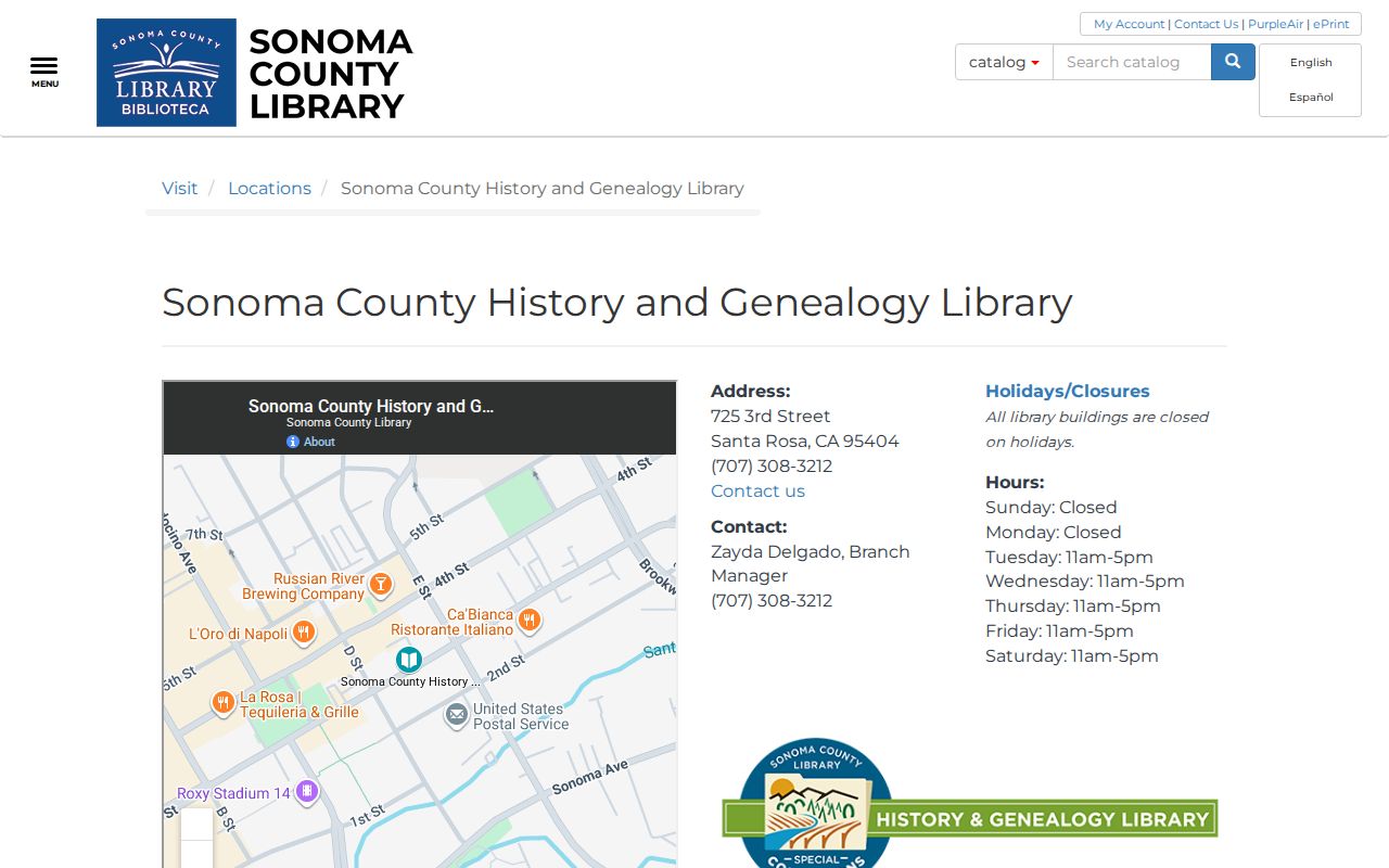 Sonoma County historical directory view of the History and Genealogy Library