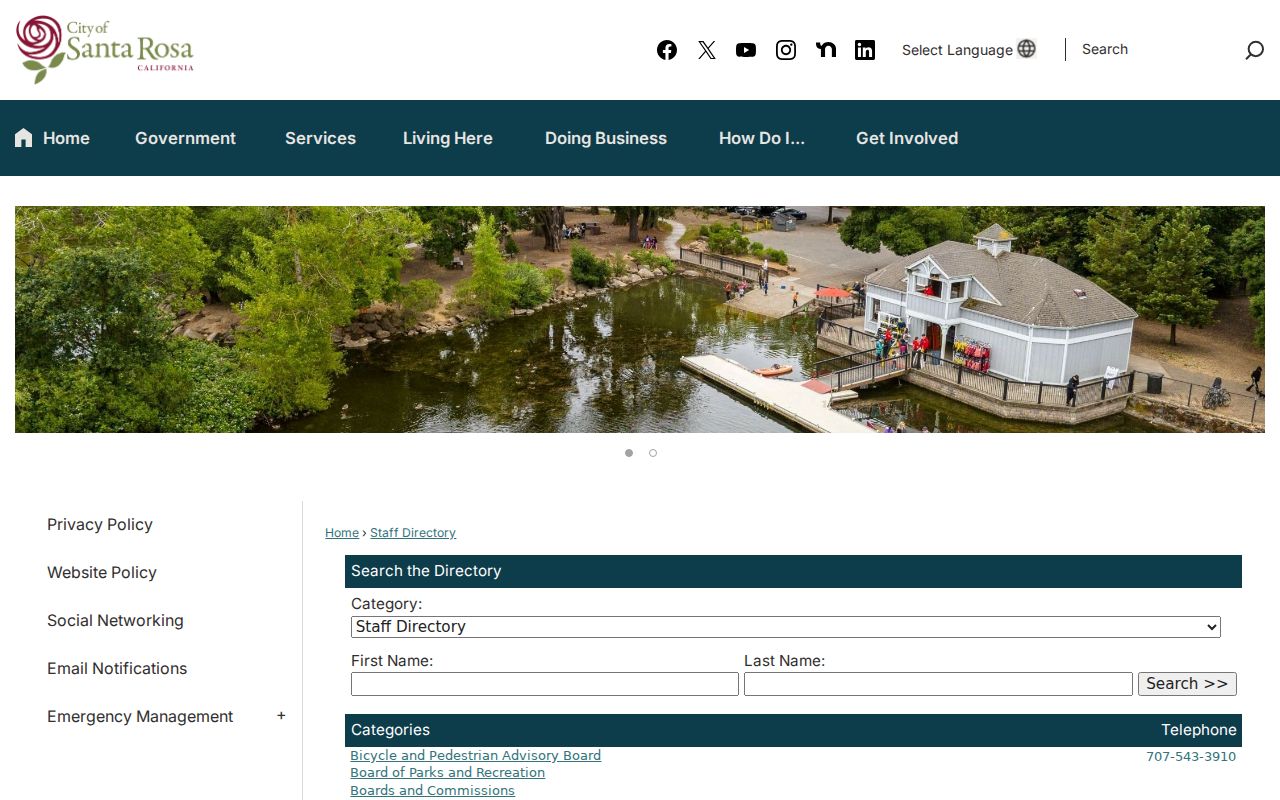Sonoma County directory search view of the Santa Rosa staff list
