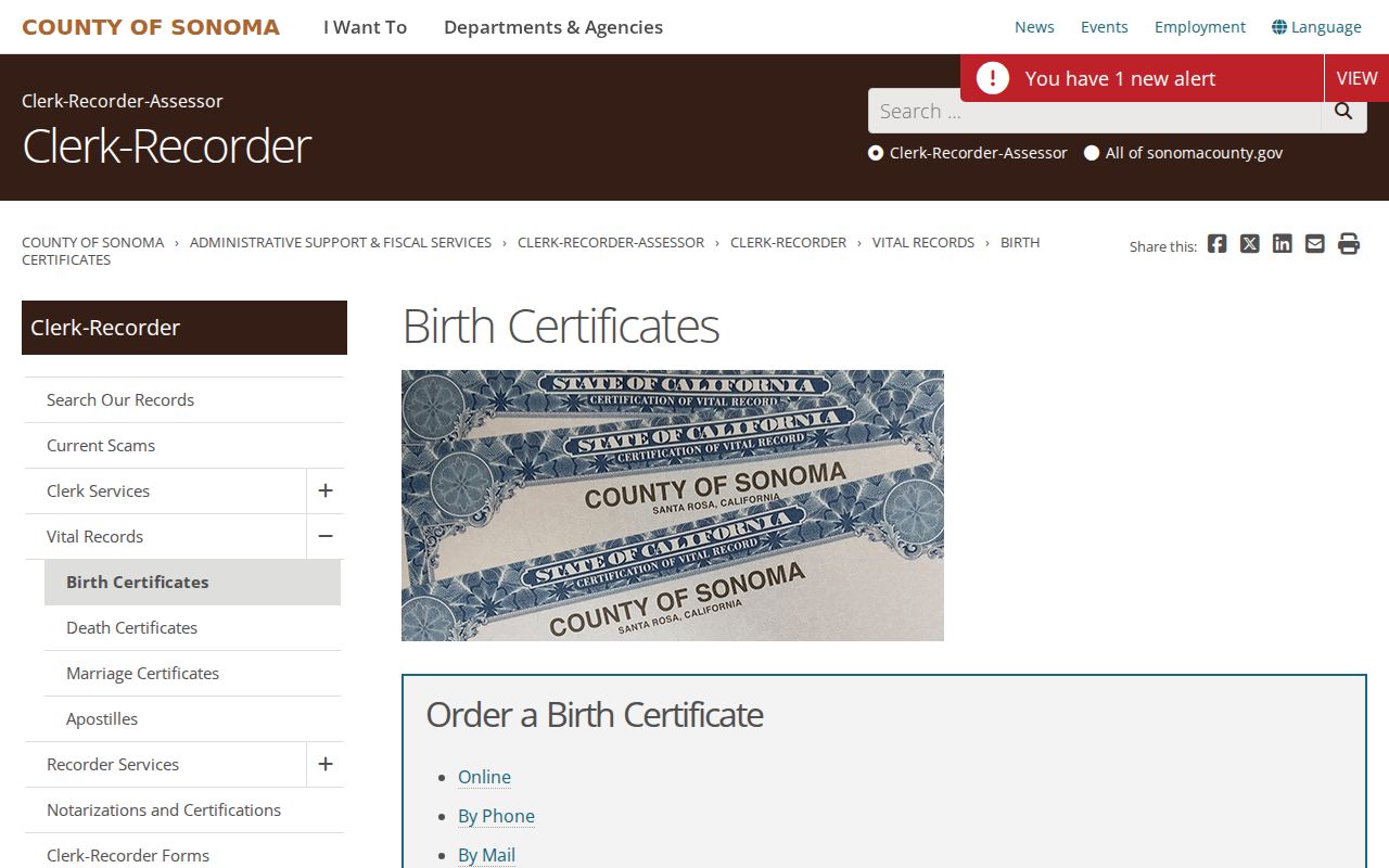 Sonoma County records birth certificate application options