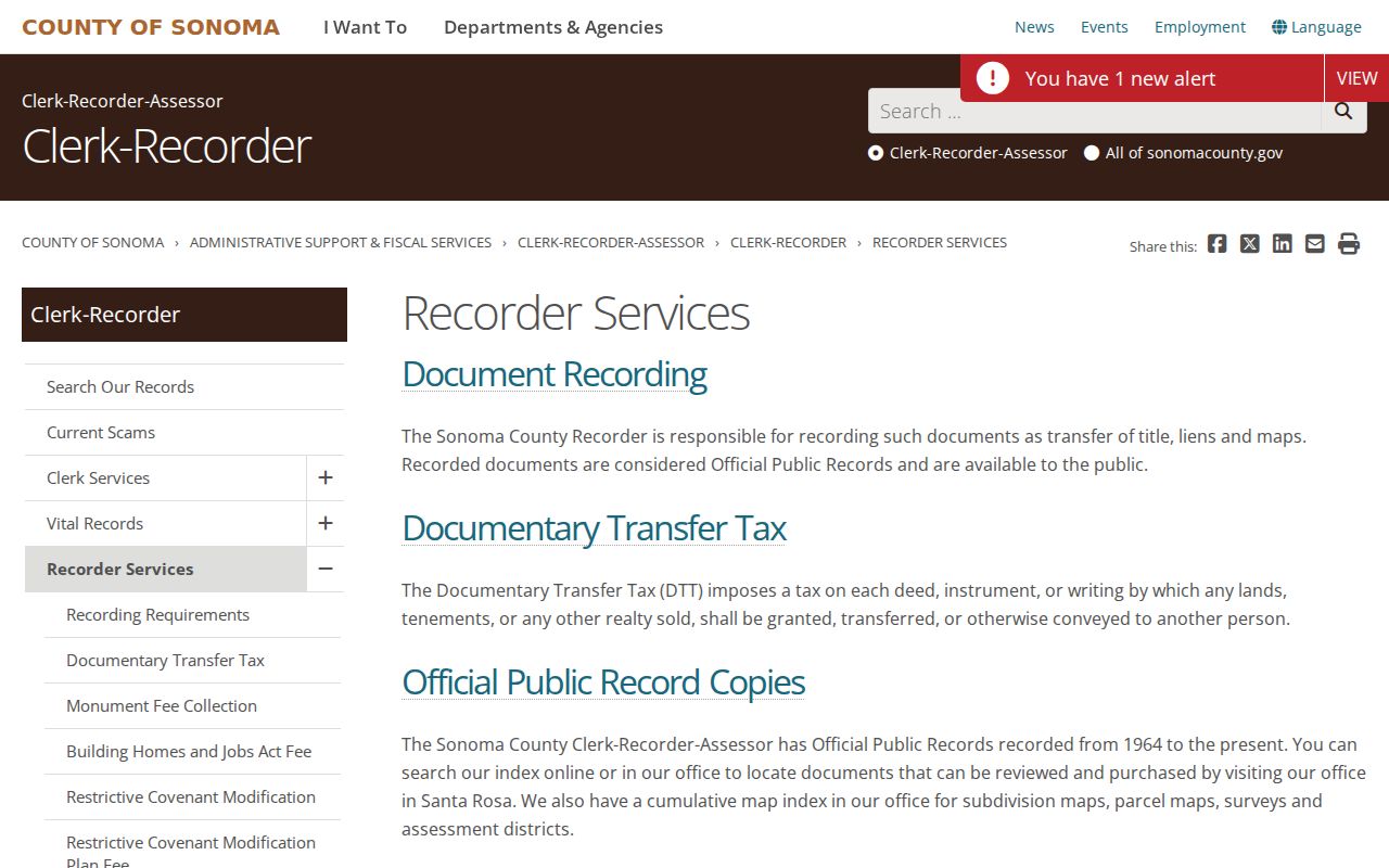 Sonoma County records Recorder Services coverage page
