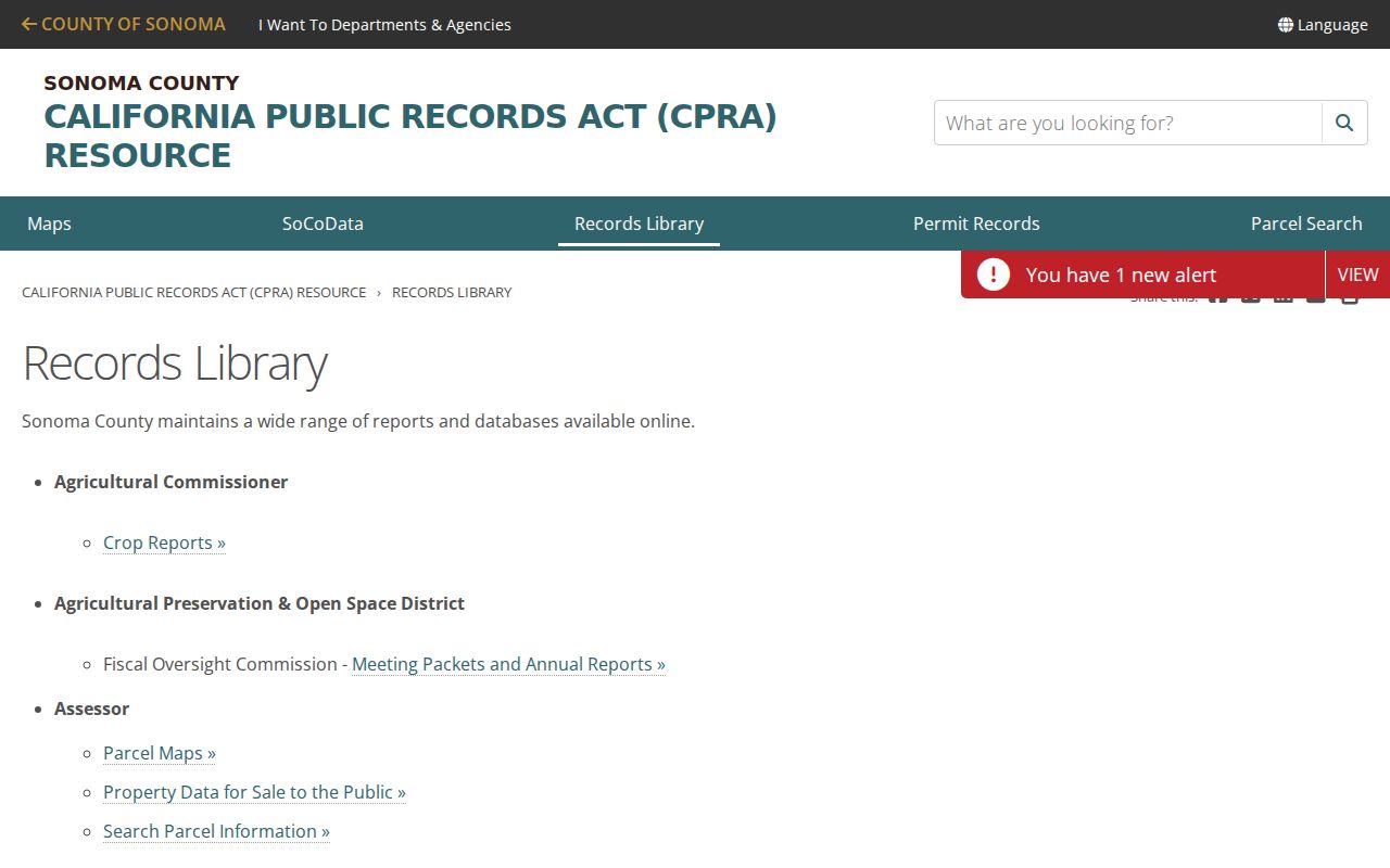 Sonoma County records library of existing online sources