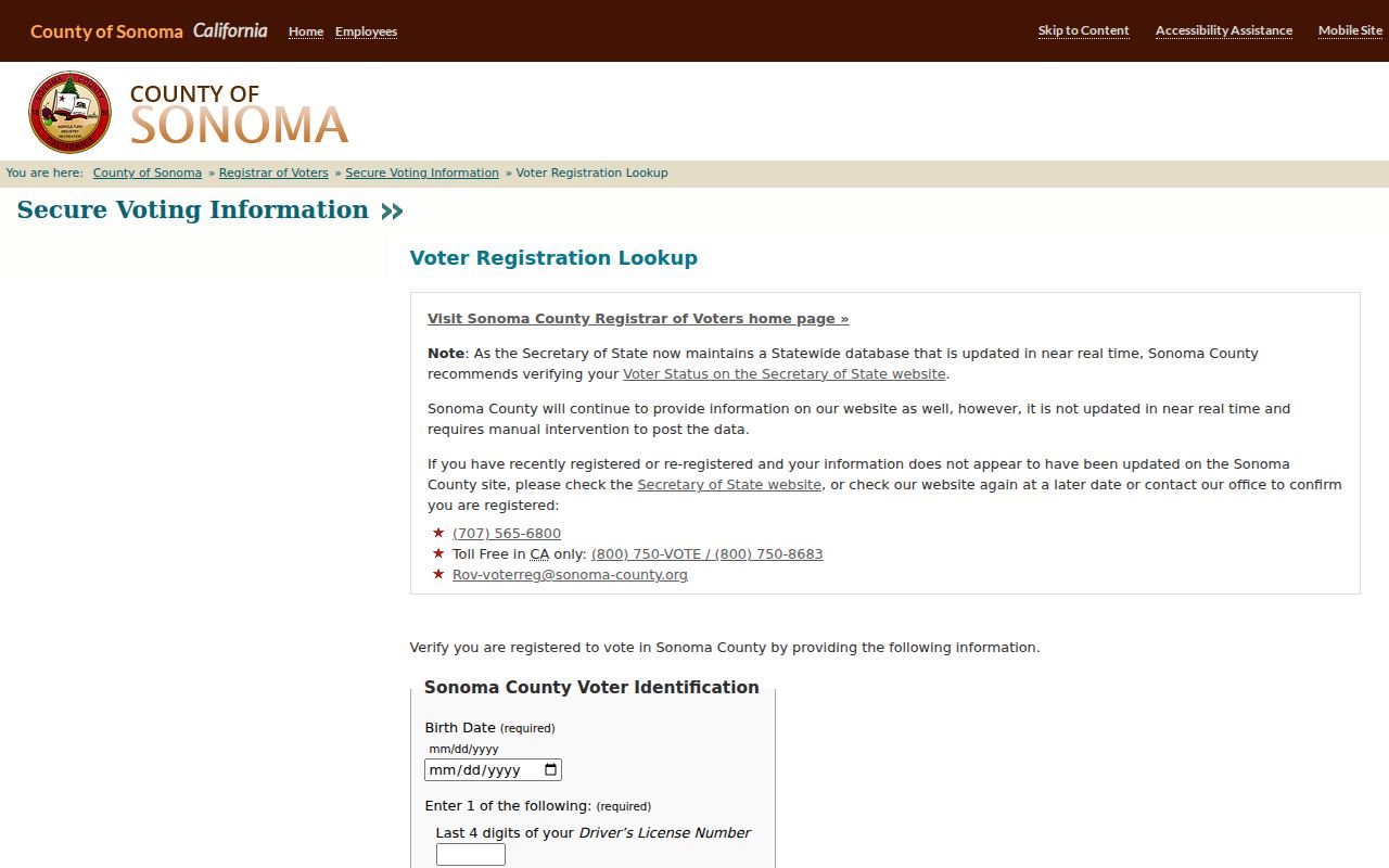 Sonoma County voter registration records self-lookup form